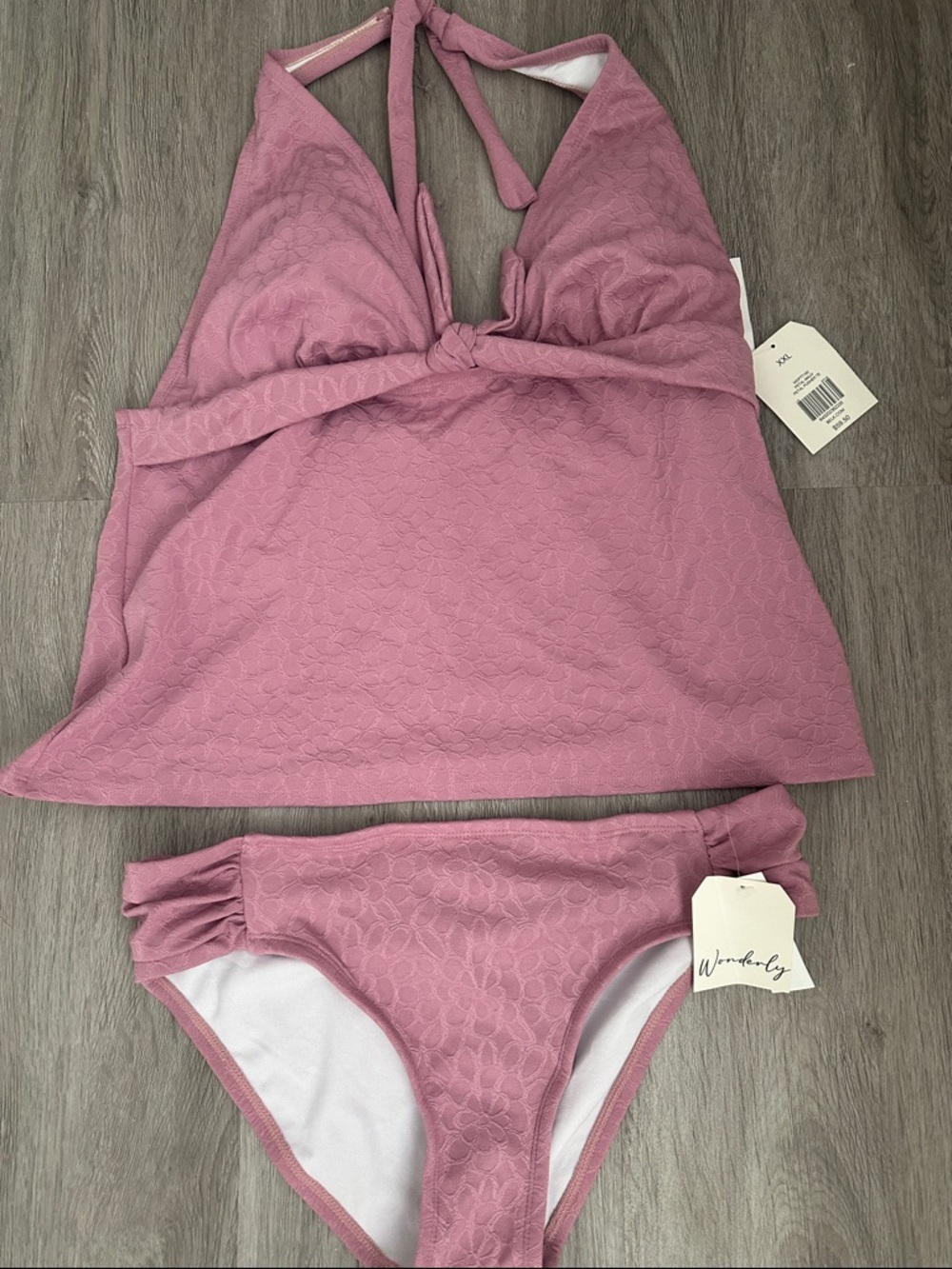 Mauve Floral Textured Tie-Front bath suit Tank and bathing suit bottom
